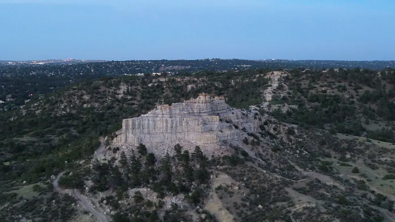 Layered sandstone bluff surrounded by pine forest at dusk